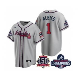 Men's Atlanta Braves #1 Ozzie Albies 2021 Grey World Series Champions With 150th Anniversary Patch Cool Base Stitched Jersey
