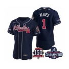 Men's Atlanta Braves #1 Ozzie Albies 2021 Navy World Series Champions With 150th Anniversary Flex Base Stitched Jersey