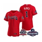 Men's Atlanta Braves #1 Ozzie Albies 2021 Red World Series Champions With 150th Anniversary Flex Base Stitched Jersey