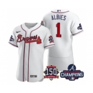 Men's Atlanta Braves #1 Ozzie Albies 2021 White World Series Champions With 150th Anniversary Flex Base Stitched Jersey