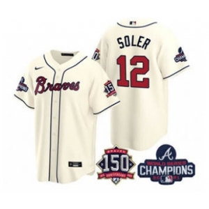 Men's Atlanta Braves #12 Jorge Soler 2021 Cream World Series Champions With 150th Anniversary Patch Cool Base Stitched Jersey