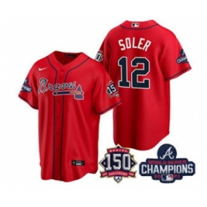 Men's Atlanta Braves #12 Jorge Soler 2021 Red World Series Champions With 150th Anniversary Patch Cool Base Stitched Jerse