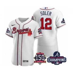 Men's Atlanta Braves #12 Jorge Soler 2021 White World Series Champions With 150th Anniversary Flex Base Stitched Jersey