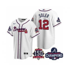 Men's Atlanta Braves #12 Jorge Soler 2021 White World Series Champions With 150th Anniversary Patch Cool Base Stitched Jersey