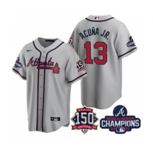 Men's Atlanta Braves #13 Ronald Acuna Jr. 2021 Gray World Series Champions With 150th Anniversary Patch Cool Base Stitched Jersey