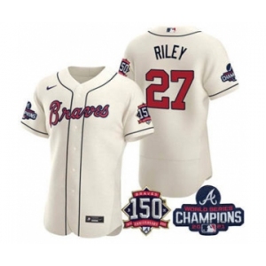 Men's Atlanta Braves #27 Austin Riley 2021 Cream World Series Champions With 150th Anniversary Flex Base Stitched Jersey