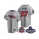 Men's Atlanta Braves #27 Austin Riley 2021 Grey World Series Champions With 150th Anniversary Patch Cool Base Stitched Jersey