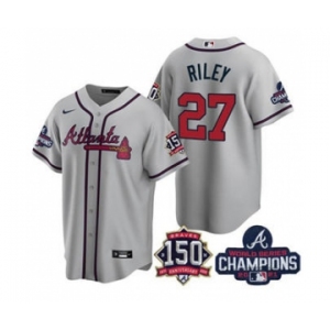 Men's Atlanta Braves #27 Austin Riley 2021 Grey World Series Champions With 150th Anniversary Patch Cool Base Stitched Jersey