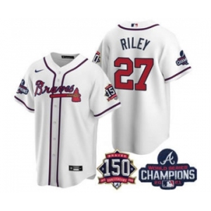 Men's Atlanta Braves #27 Austin Riley 2021 White World Series Champions With 150th Anniversary Patch Cool Base Stitched Jersey