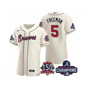 Men's Atlanta Braves #5 Freddie Freeman 2021 Cream World Series Champions With 150th Anniversary Flex Base Stitched Jersey