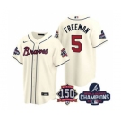 Men's Atlanta Braves #5 Freddie Freeman 2021 Cream World Series Champions With 150th Anniversary Patch Cool Base Stitched Jersey