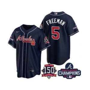 Men's Atlanta Braves #5 Freddie Freeman 2021 Navy World Series Champions With 150th Anniversary Patch Cool Base Stitched Jersey