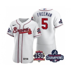 Men's Atlanta Braves #5 Freddie Freeman 2021 White World Series Champions With 150th Anniversary Flex Base Stitched Jersey