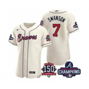 Men's Atlanta Braves #7 Dansby Swanson 2021 Cream World Series Champions With 150th Anniversary Flex Base Stitched Jersey