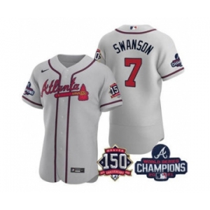 Men's Atlanta Braves #7 Dansby Swanson 2021 Gray World Series Champions With 150th Anniversary Flex Base Stitched Jersey