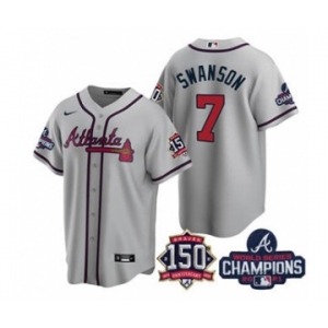 Men's Atlanta Braves #7 Dansby Swanson 2021 Gray World Series Champions With 150th Anniversary Patch Cool Base Stitched Jersey