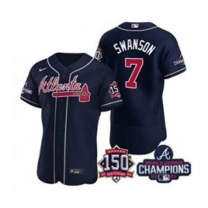 Men's Atlanta Braves #7 Dansby Swanson 2021 Navy World Series Champions With 150th Anniversary Flex Base Stitched Jersey
