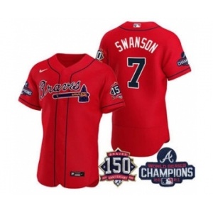 Men's Atlanta Braves #7 Dansby Swanson 2021 Red World Series Champions With 150th Anniversary Flex Base Stitched Jersey