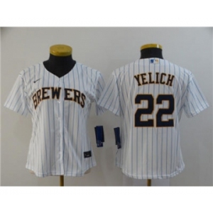 Women's Brewers #22 Christian Yelich White Strip 2020 Stitched Baseball Cool Base Jersey