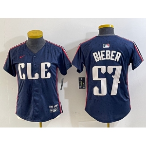 Women's Cleveland Guardians #57 Shane Bieber Navy 2024 City Connect Limited Stitched Jersey