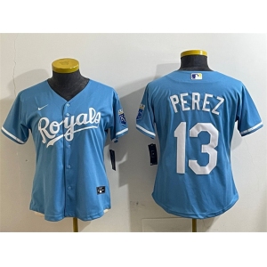 Women's Kansas City Royals #13 Salvador Perez Light Blue Cool Base Stitched Jersey
