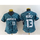 Women's Kansas City Royals #13 Salvador Perez Teal 2023 All Star Cool Base With Patch Stitched Baseball Jersey