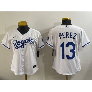 Women's Kansas City Royals #13 Salvador Perez White Cool Base Stitched Jersey