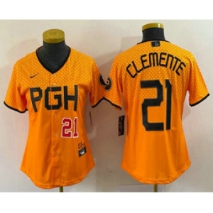 Women's Pittsburgh Pirates #21 Roberto Clemente Number Yellow 2023 City Connect Stitched Jersey1