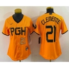 Women's Pittsburgh Pirates #21 Roberto Clemente Number Yellow 2023 City Connect Stitched Jersey2