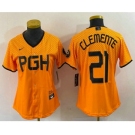 Women's Pittsburgh Pirates #21 Roberto Clemente Yellow 2023 City Connect Stitched Jersey