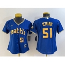 Women's Seattle Mariners #51 Ichiro Suzuki Number Blue 2023 City Connect Cool Base Stitched Jersey
