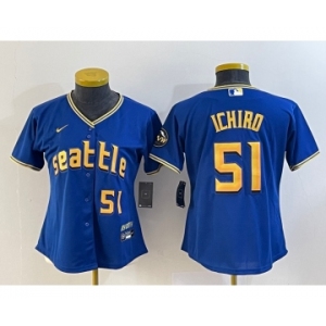 Women's Seattle Mariners #51 Ichiro Suzuki Number Blue 2023 City Connect Cool Base Stitched Jersey