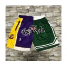 Men's Los Angeles Lakers and Boston Celtics Purle With Green 2008 The Finals Patch Split Hardwood Classics Soul Swingman Throwback Shorts