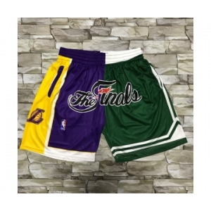 Men's Los Angeles Lakers and Boston Celtics Purle With Green 2008 The Finals Patch Split Hardwood Classics Soul Swingman Throwback Shorts