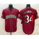 Men's Mexico Baseball #34 Fernando Valenzuela 2023 Red Blue World Baseball Classic Stitched Jerseys