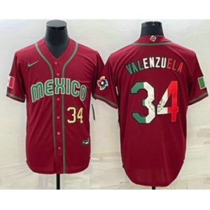 Men's Mexico Baseball #34 Fernando Valenzuela Number 2023 Red Blue World Baseball Classic Stitched Jersey3