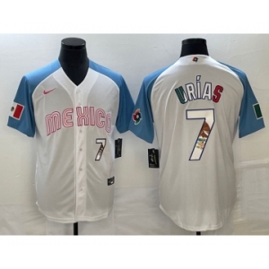 Men's Mexico Baseball #7 Julio Urías 2023 White Blue World Baseball Classic With Patch Stitched Jersey