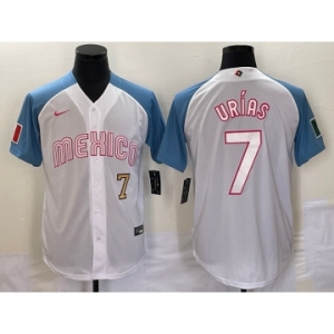 Men's Mexico Baseball #7 Julio Urias Number 2023 White Blue World Classic Stitched Jersey1