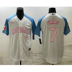 Men's Mexico Baseball #7 Julio Urias Number 2023 White Blue World Classic Stitched Jersey2