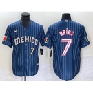 Men's Mexico Baseball #7 Julio Urias Number Navy Blue Pinstripe 2020 World Series Cool Base Nike Jersey 1