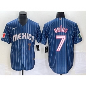 Men's Mexico Baseball #7 Julio Urias Number Navy Blue Pinstripe 2020 World Series Cool Base Nike Jersey2