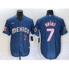 Men's Mexico Baseball #7 Julio Urias Number Navy Blue Pinstripe 2020 World Series Cool Base Nike Jersey3