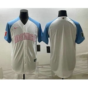 Men's Mexico Baseball Blank 2023 White Blue World Classic Stitched Jerseys