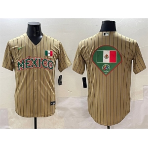 Men's Mexico Baseball Tan 2023 World Baseball Classic Team Big Logo Stitched Jerseys
