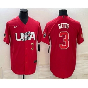 Men's USA Baseball #3 Mookie Betts Number 2023 Red World Classic Stitched Jersey