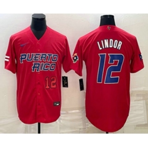Men's Puerto Rico Baseball #12 Francisco Lindor Number 2023 Red World Baseball Classic Stitched Jersey