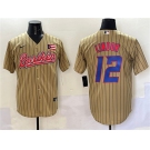Men's Puerto Rico Baseball #12 Francisco Lindor Tan 2023 World Baseball Classic Stitched Jersey