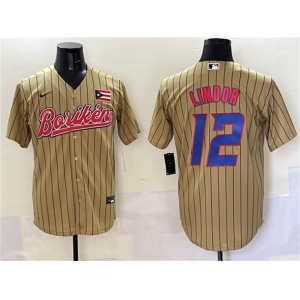 Men's Puerto Rico Baseball #12 Francisco Lindor Tan 2023 World Baseball Classic Stitched Jersey