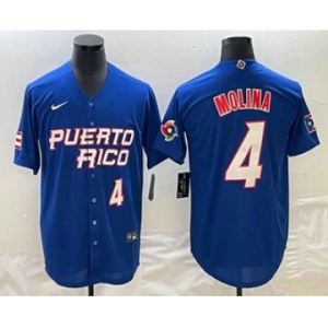 Mens Puerto Rico Baseball #4 Yadier Molina Number 2023 Blue World Baseball Classic Stitched Jersey