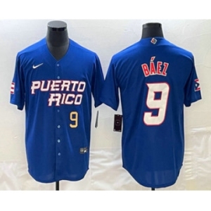 Mens Puerto Rico Baseball #9 Javier Baez Number 2023 Blue World Baseball Classic Stitched Jersey